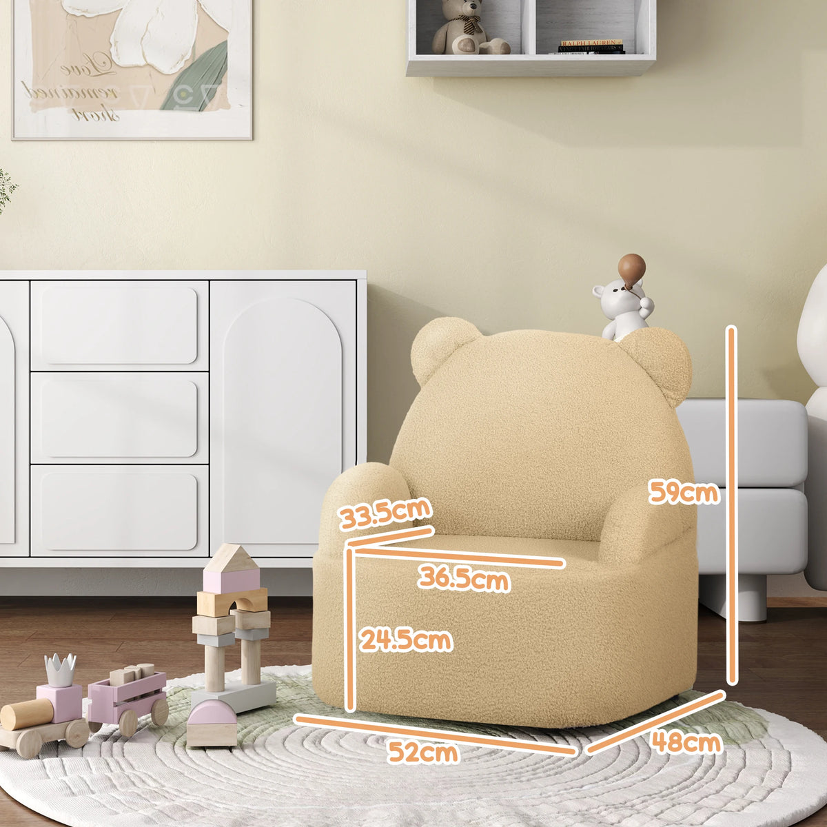 Kids Bear Shaped Armchair 52x48x59cm Teddy Fleece Toddler Chair with Ears for Ages 18 Months to 3 Years
