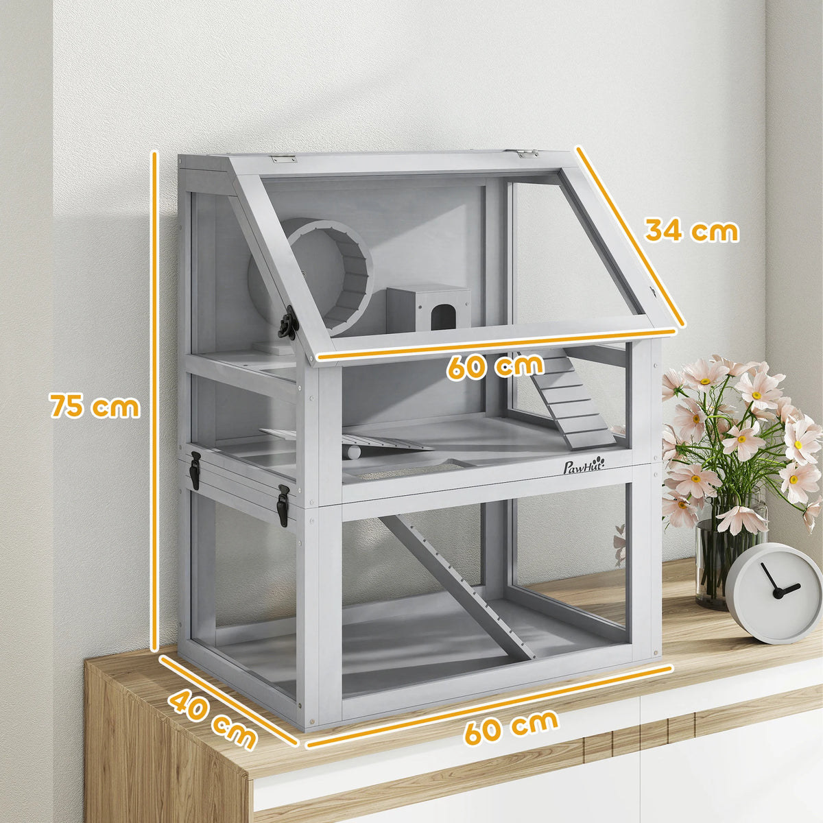 3 Tier Wooden Hamster Cage with 32cm Deep Base Detachable Layers Seesaw Ramp Wheel and Acrylic Panels