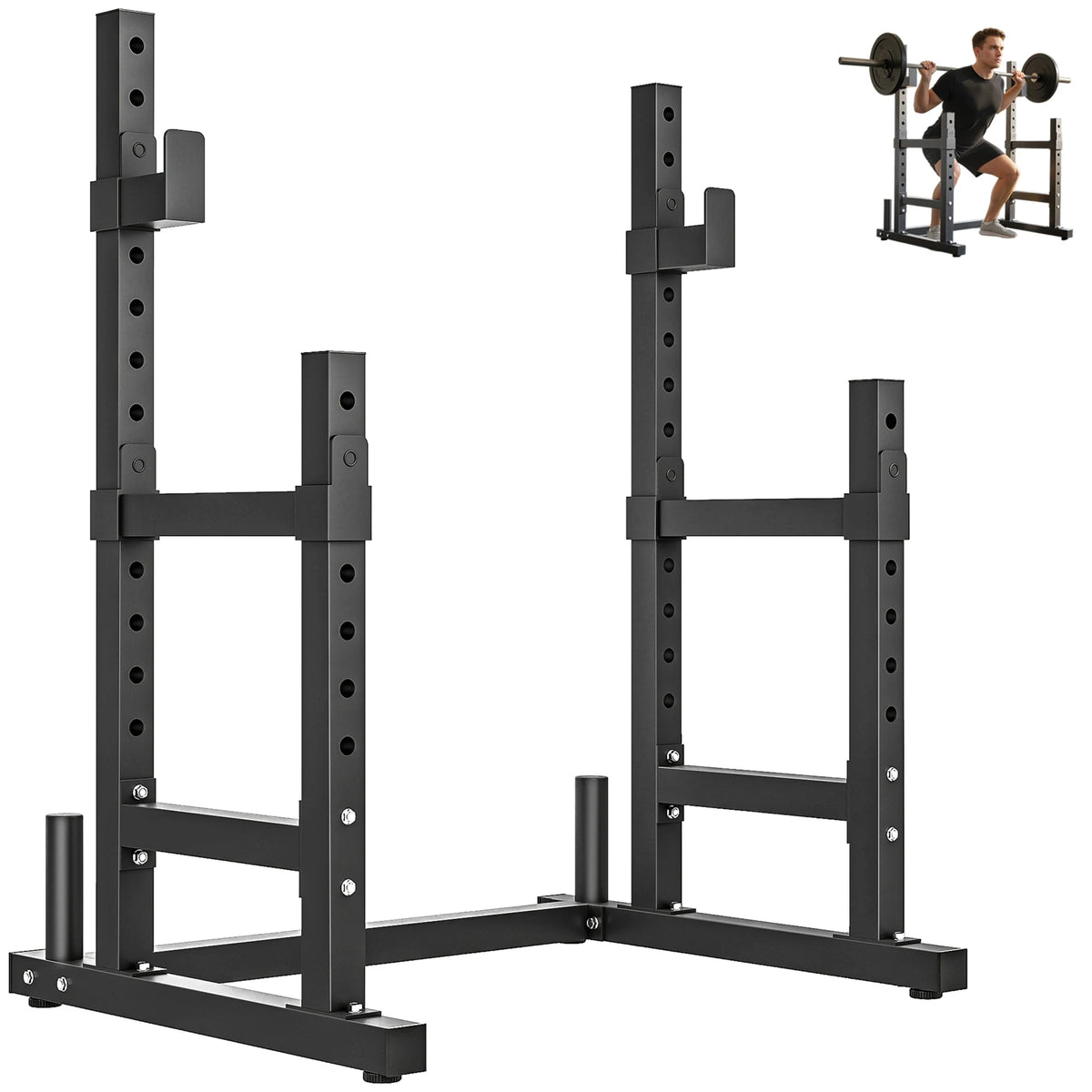 Adjustable Squat Rack with Safety Spotters and Plate Storage, 300kg Max Load, Black
