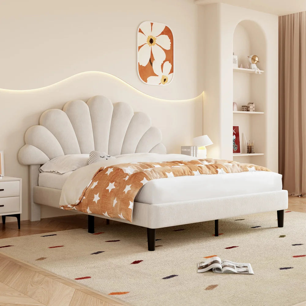 4ft6 Double Upholstered Velvet Bed Frame with Adjustable Petal Headboard, Beige
