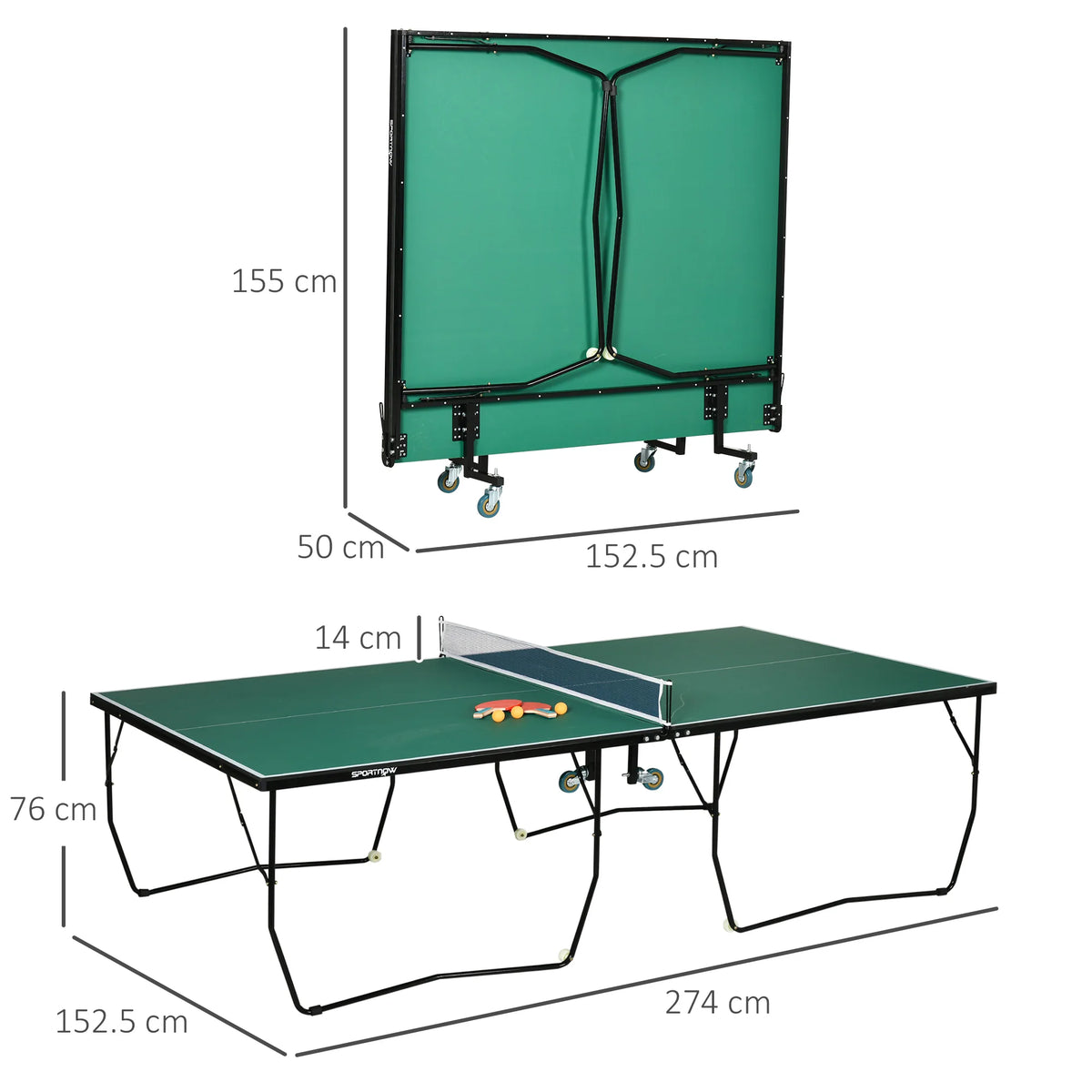 9FT Table Tennis Table, Portable, 4 Wheels, 2 Bats, 3 Balls
