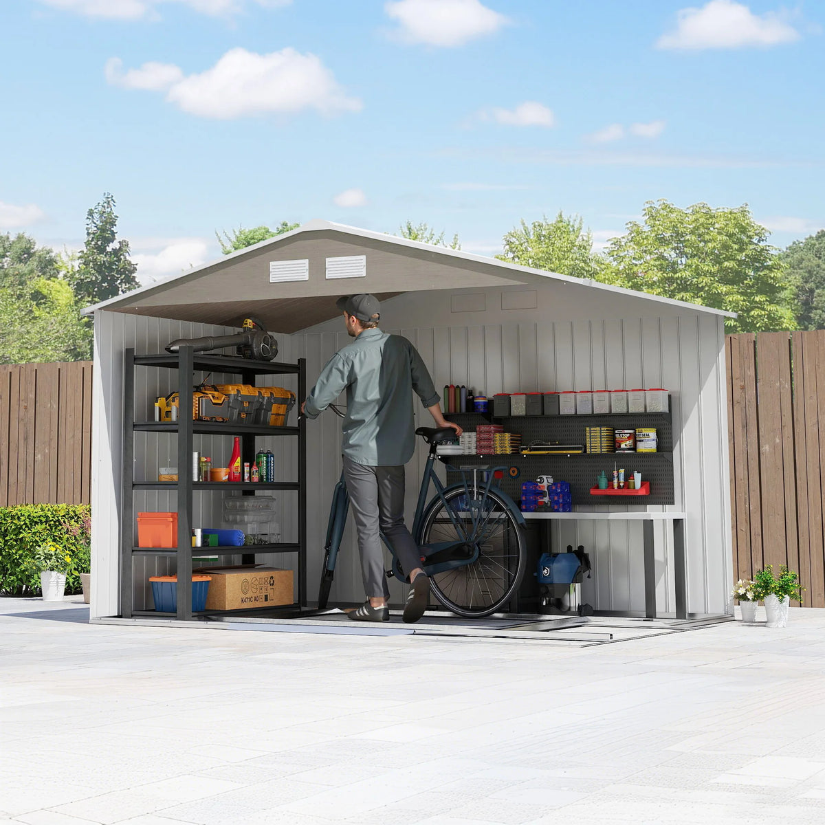 9 x 6ft Metal Garden Shed, Outdoor Storage Tool House with Ventilation Slots, Foundation Kit, Light Brown