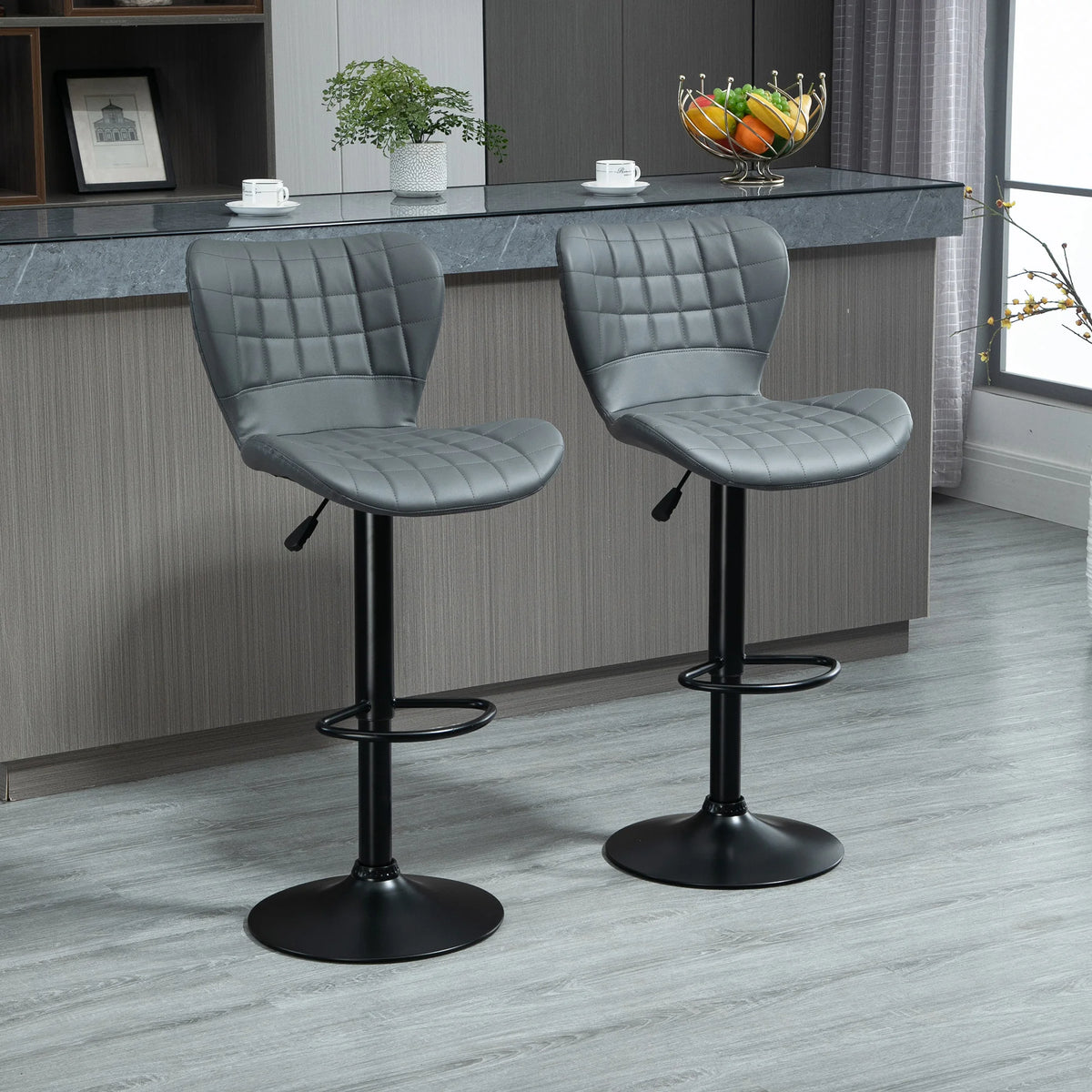 Set of 2 Bar Stools Height Adjustable Swivel PU Leather with High Backs Sponge Padding Round Base Grey