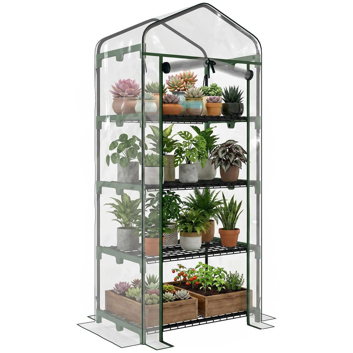 Portable 4-Tier Mini Greenhouse Plant Grow House with Clear Cover, Outdoor