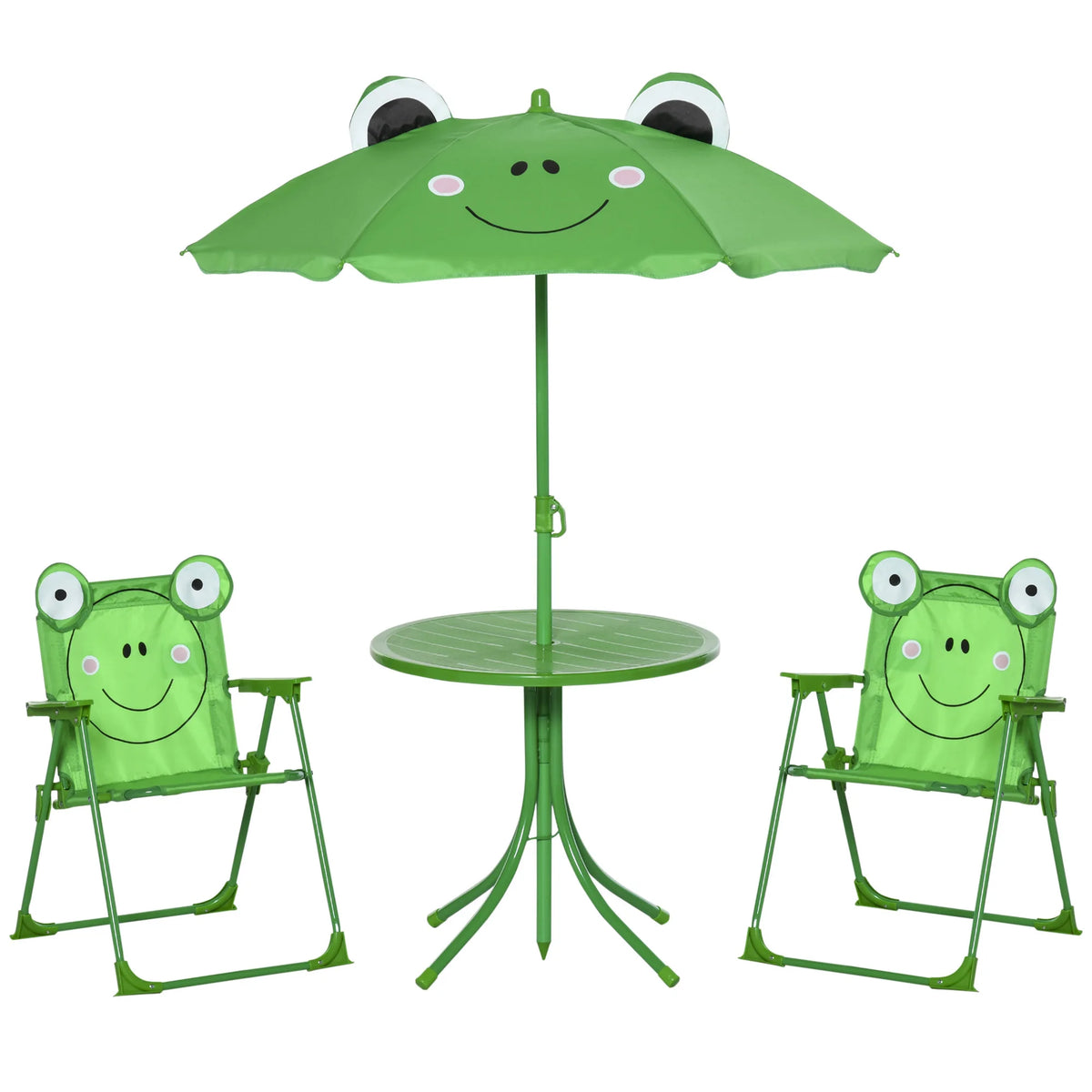 Kids Folding Picnic Table and Chair Set with Parasol Frog Design 2 Deck Chairs Metal Frame Green