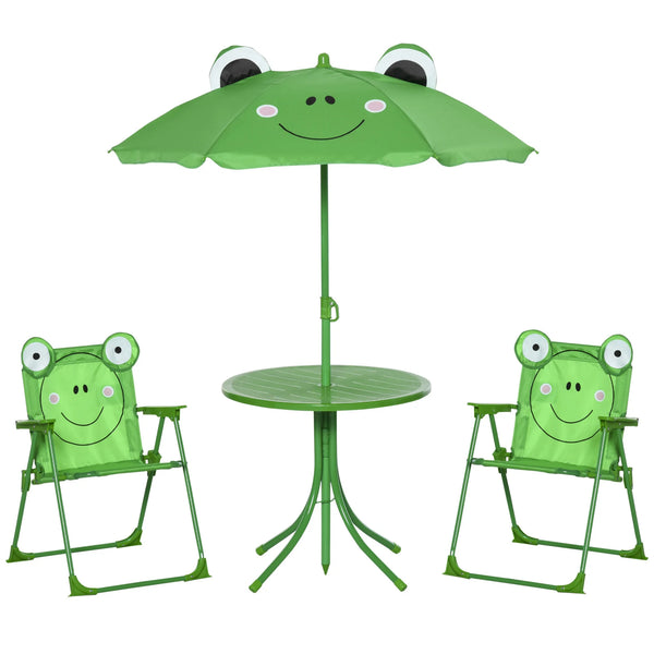 Kids Folding Picnic Table and Chair Set with Parasol Frog Design 2 Deck Chairs Metal Frame Green
