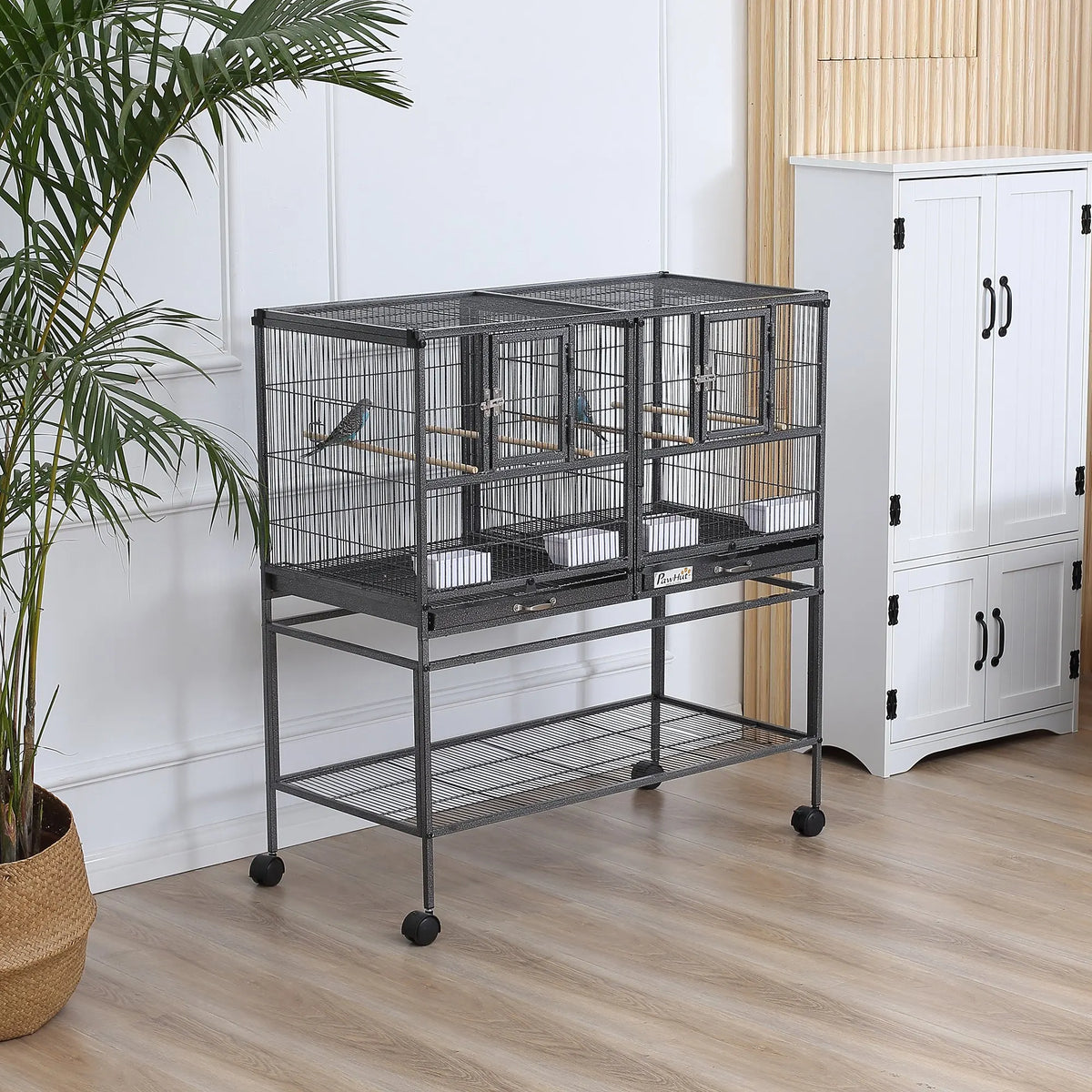 Double Rolling Bird Cage with Removable Divider 2 Metal Trays 4 Wood Perches and Storage Shelf