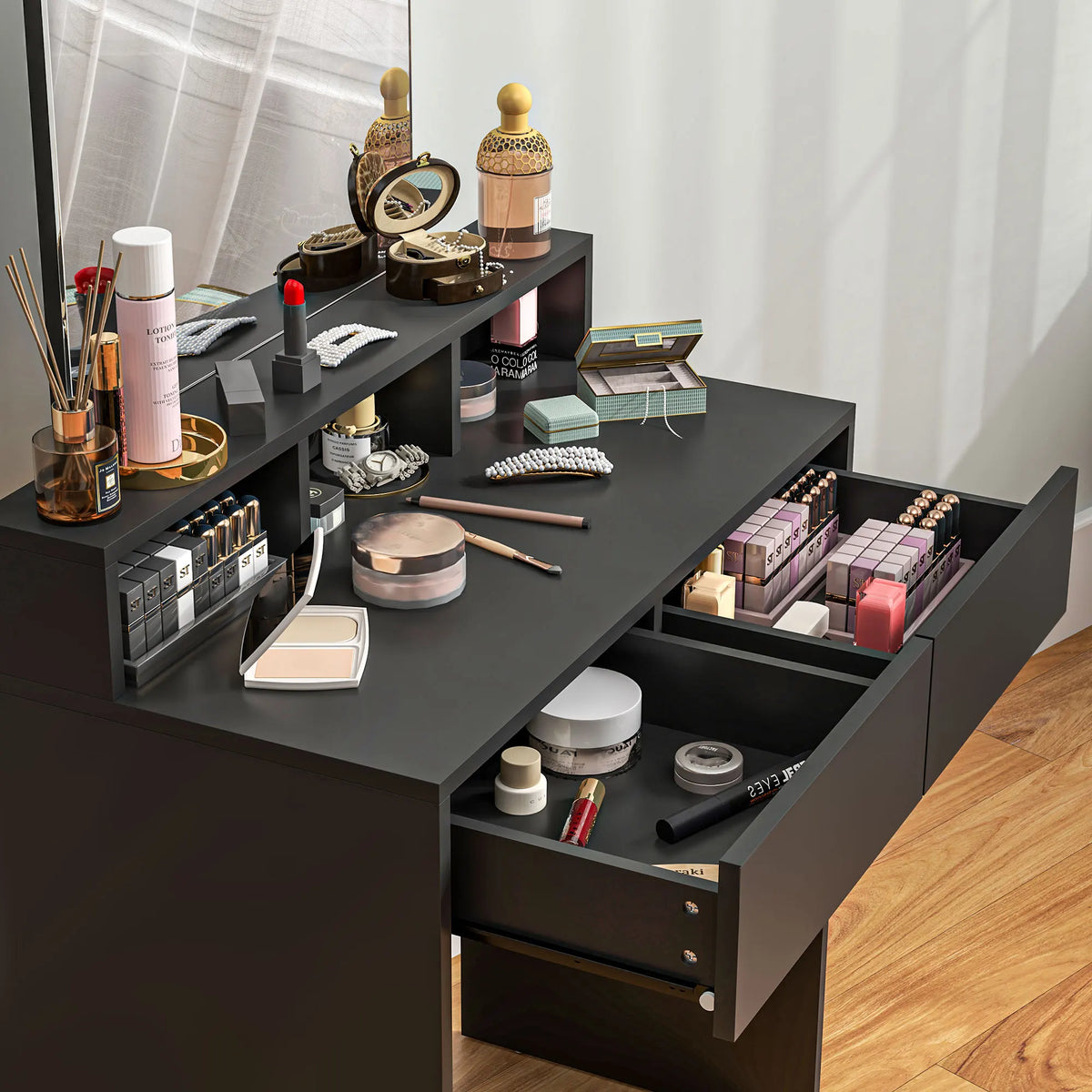 Compact Dressing Table with 49x50cm Copper Free Mirror 3 Shelves 2 Drawers and Anti Tipping Straps Black