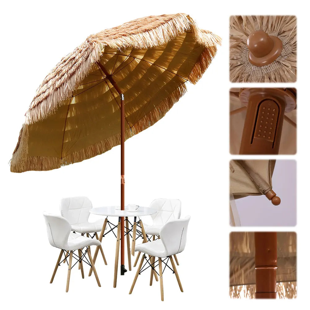 6.23ft/1.9m Thatched Tiki Beach Umbrella, Height Adjustable Natural Garden Patio Umbrella, 8 Ribs