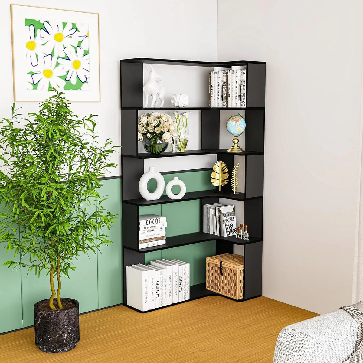 5-Tier Corner Bookshelf Triangular Wood Open Shelf | 169cm Freestanding Storage Unit for Living Room