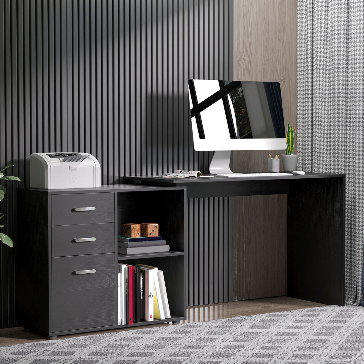 Convertible L-Shaped Computer Desk with File Cabinet, Drawers and Shelves, Black