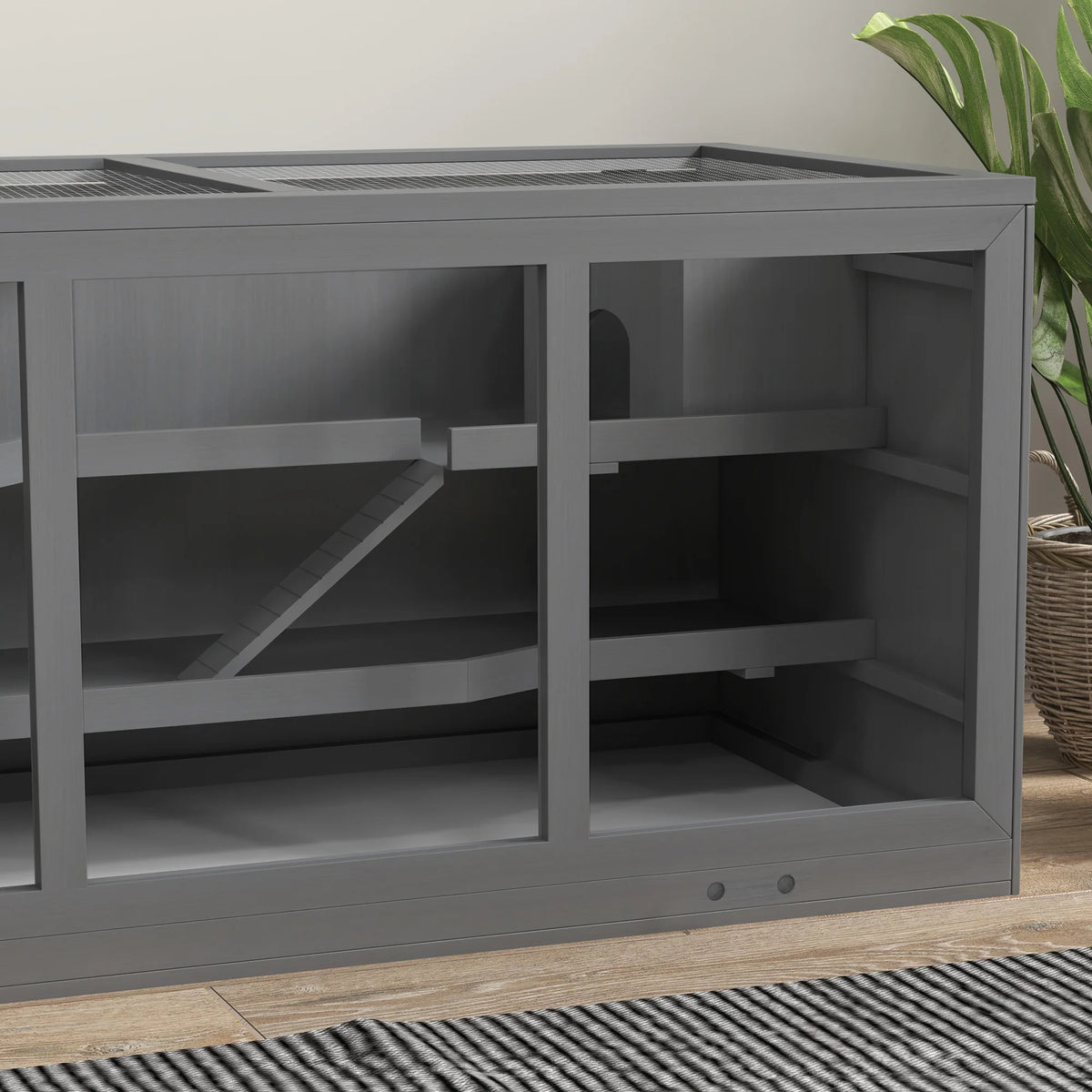 Wooden Two-Level Hamster Cage with Run and Pull-Out Tray, Grey