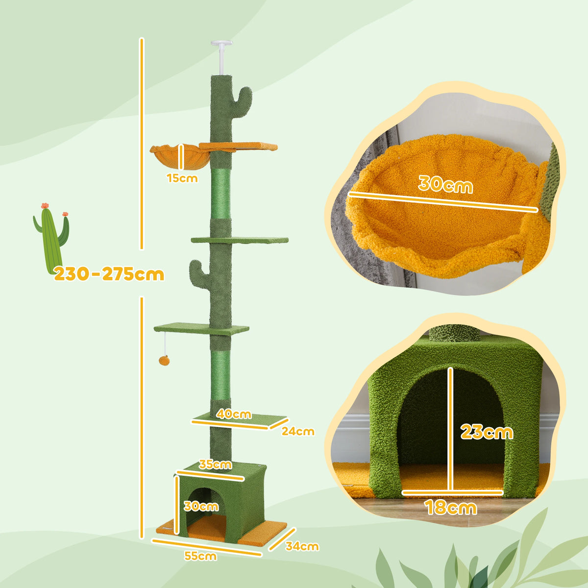 Floor to Ceiling Cat Tree, 230-275cm Adjustable, 6 Levels with Scratching Posts