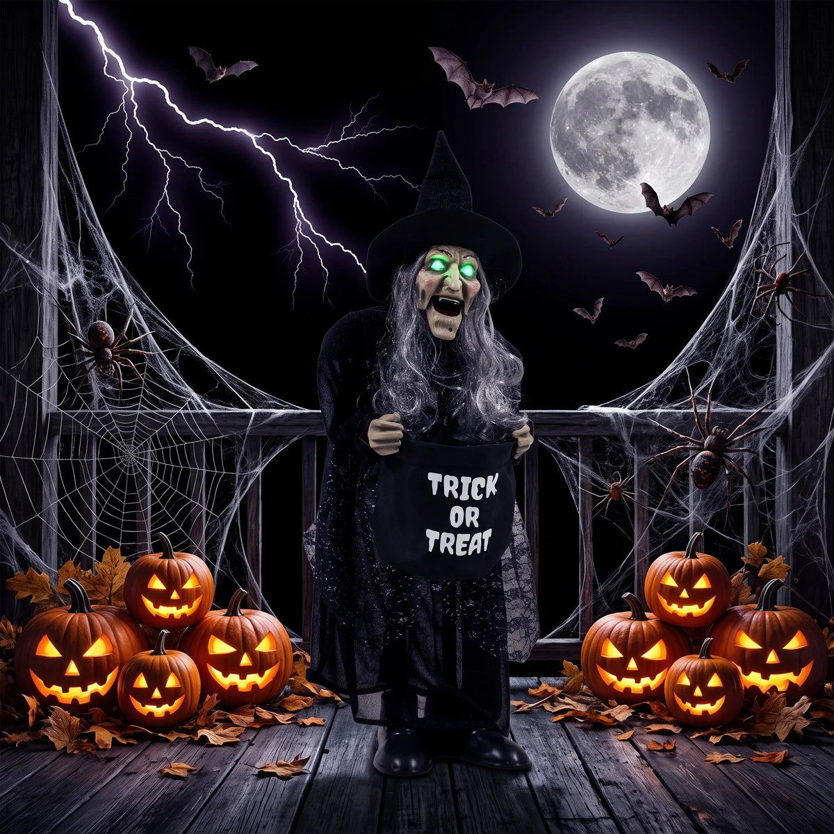 Green LED eyes glowing on a Halloween witch decoration