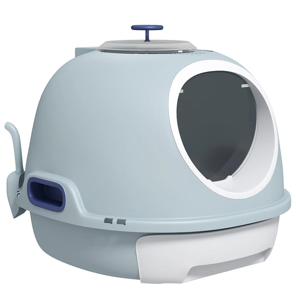 Capsule-Shaped Cat Litter Box with Front & Top Doors, Tile Blue