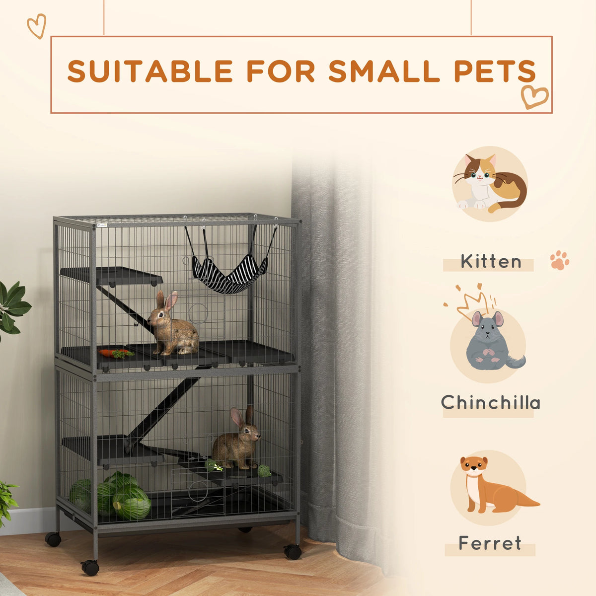Small Animal Cage on Wheels with Hammock Multiple Platforms Ramps 4 Doors and Removable Tray