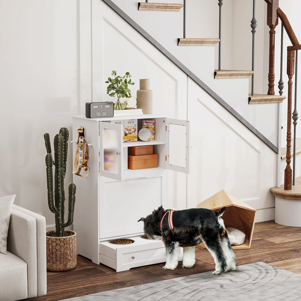 Dog Feeding Station with 2 Cabinets and Retractable Bowl Rack 60x35x100cm MDF Anti Tip White