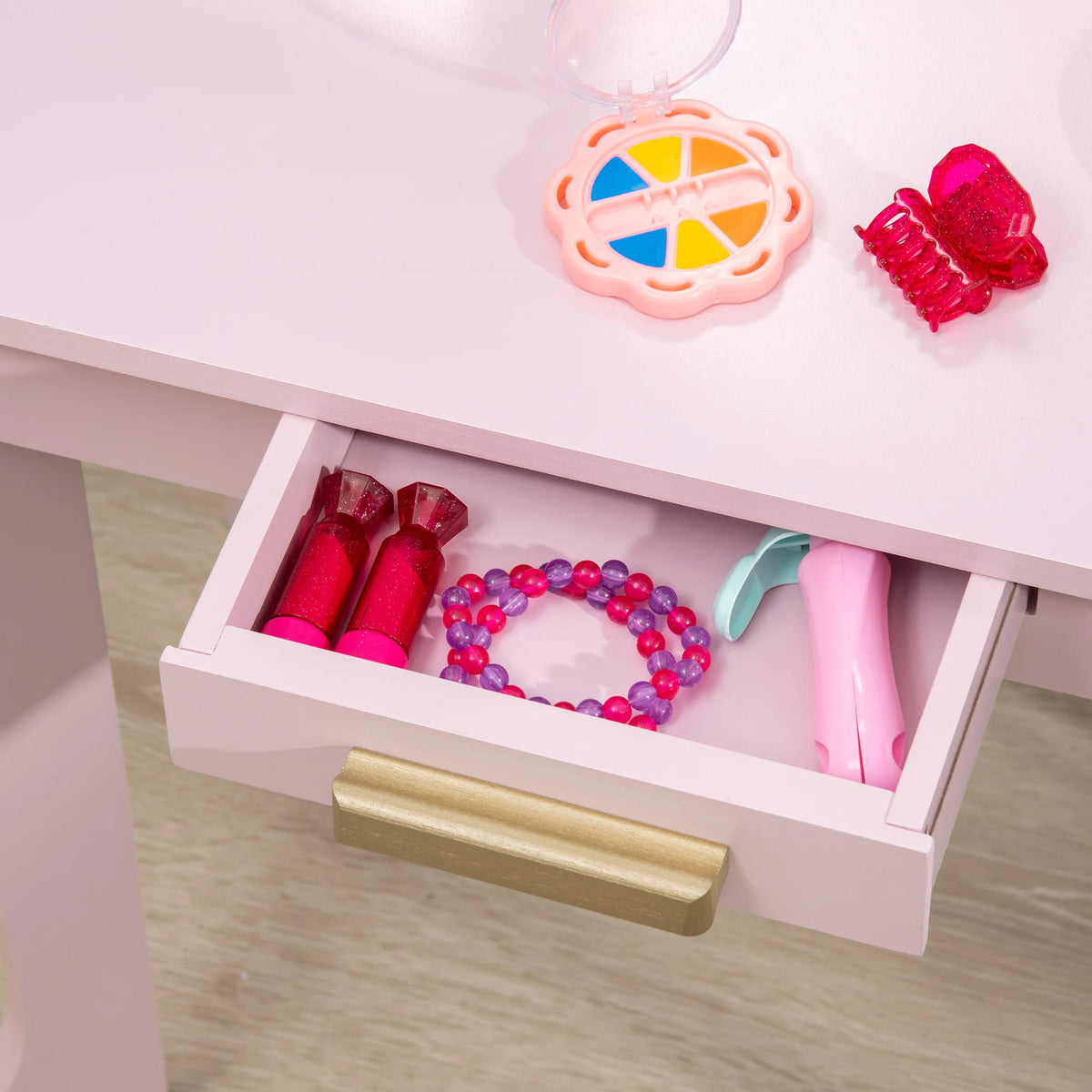 Kids Dressing Table and Stool with 3 Mirrors Drawer Pine Handles MDF Rounded Edges Ages 3-6 Pink