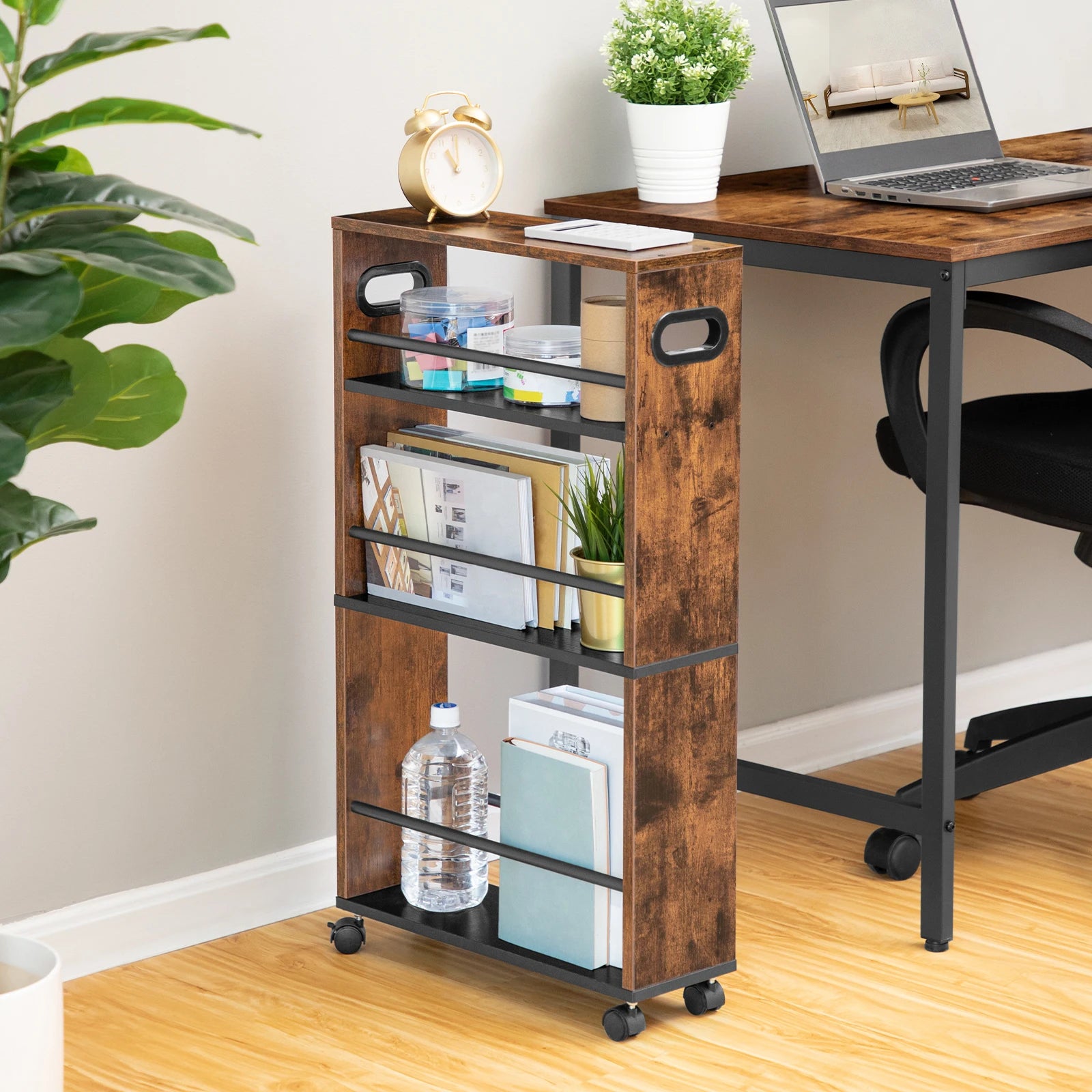 Narrow Kitchen Trolley 45x15x80cm with 4 Tiers and 360° Rotating Wheels | Slim Rolling Storage Shelf with Rail
