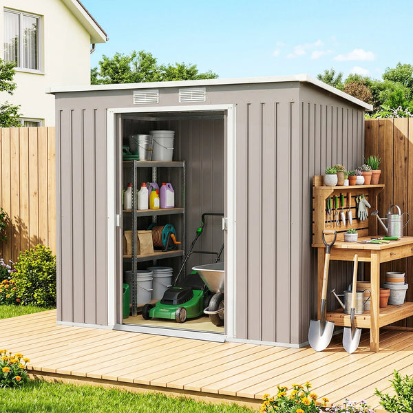 Lean-to Metal Garden Shed with Sliding Doors and Vents, 7 x 4ft