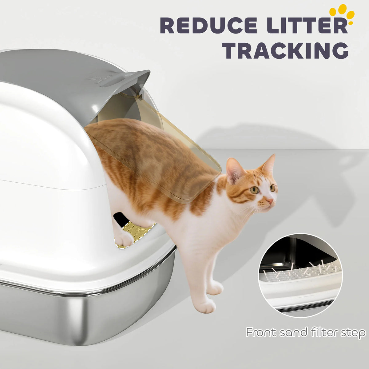Stainless Steel Cat Litter Tray with Lift-Up Lid, White & Silver
