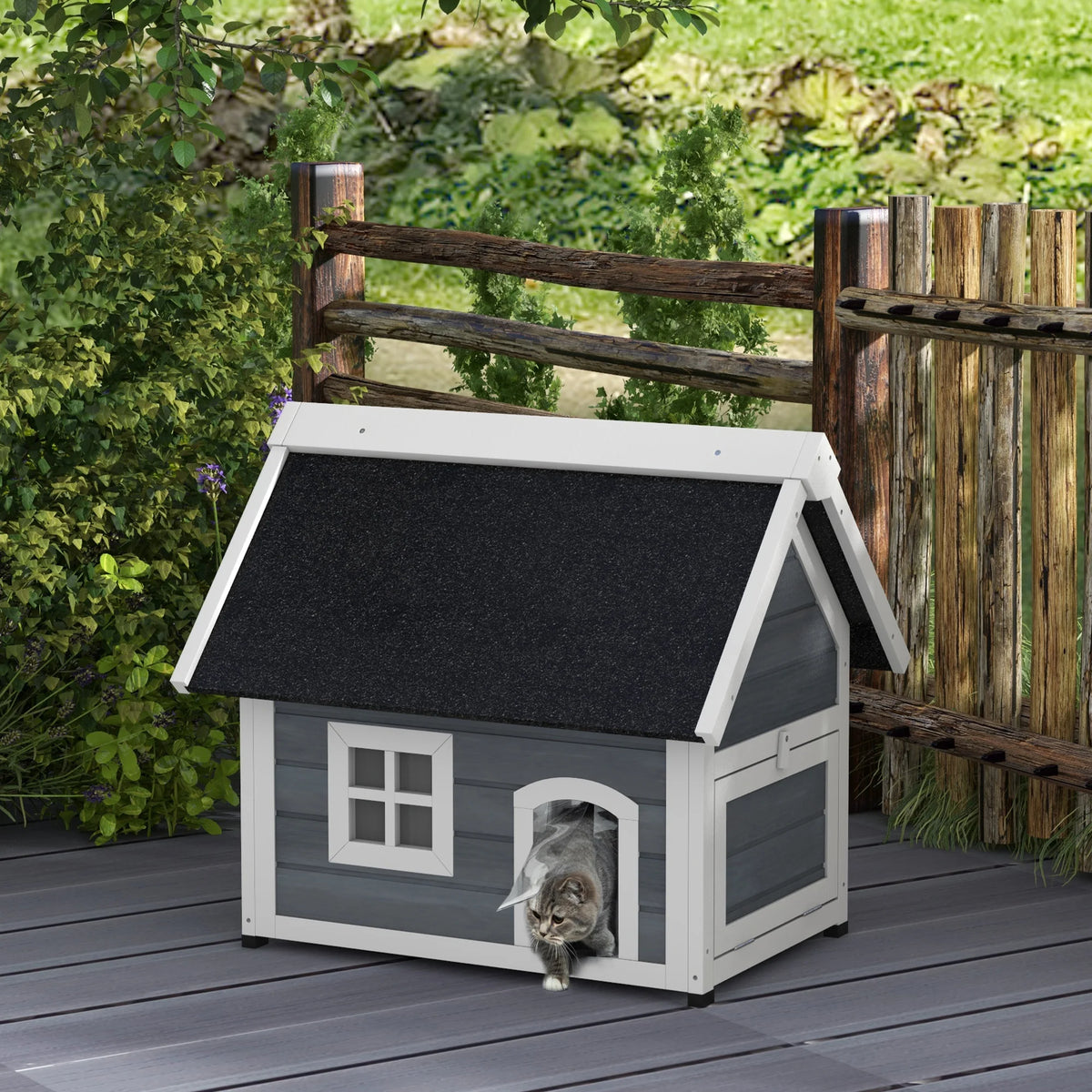 Outdoor Cat House with Openable Asphalt Roof and Three Doors, Grey