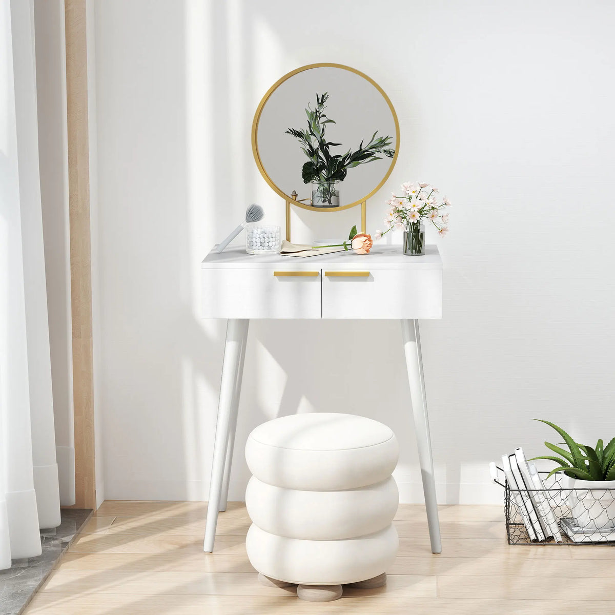 Modern Dressing Table with 2 Drawers and Round Mirror for Bedroom, White