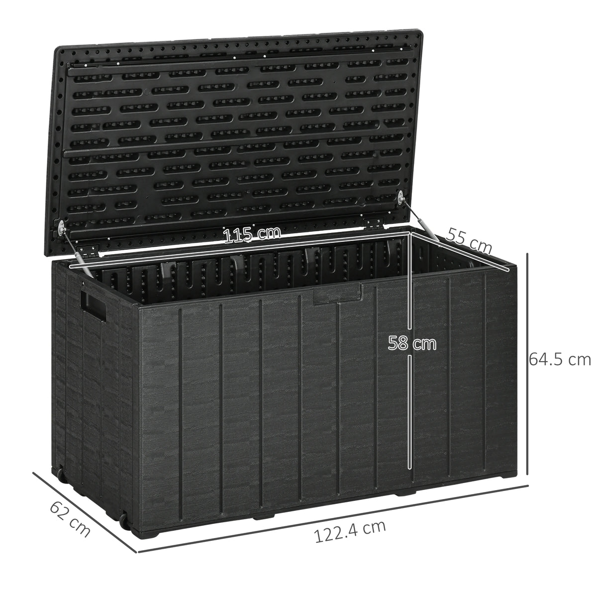 366L Garden Storage Box with Wheels and Handles, Outdoor Deck Box, 122.4 x 62 x 64.5 cm, Black