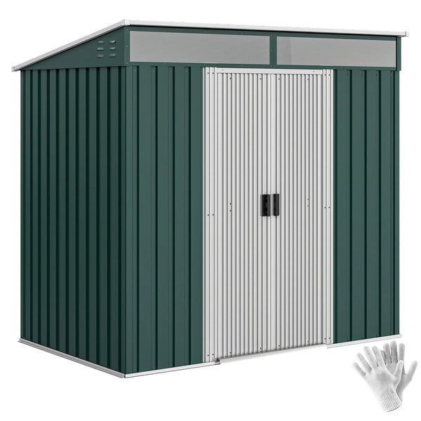 6.5 x 4ft Lockable Metal Garden Shed with Sliding Doors and Foundation Kit, Green
