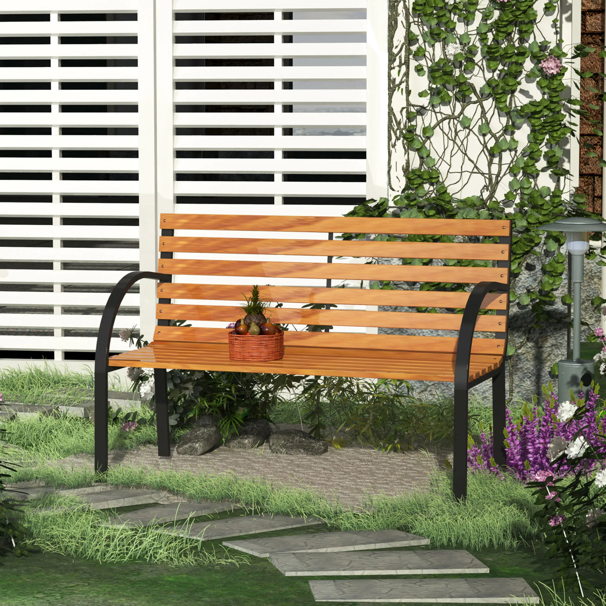 Wooden Garden Bench Park Chair 2 Seater Love Seat Chair Outdoor Patio Porch Furniture w/ Sturdy Steel Frame