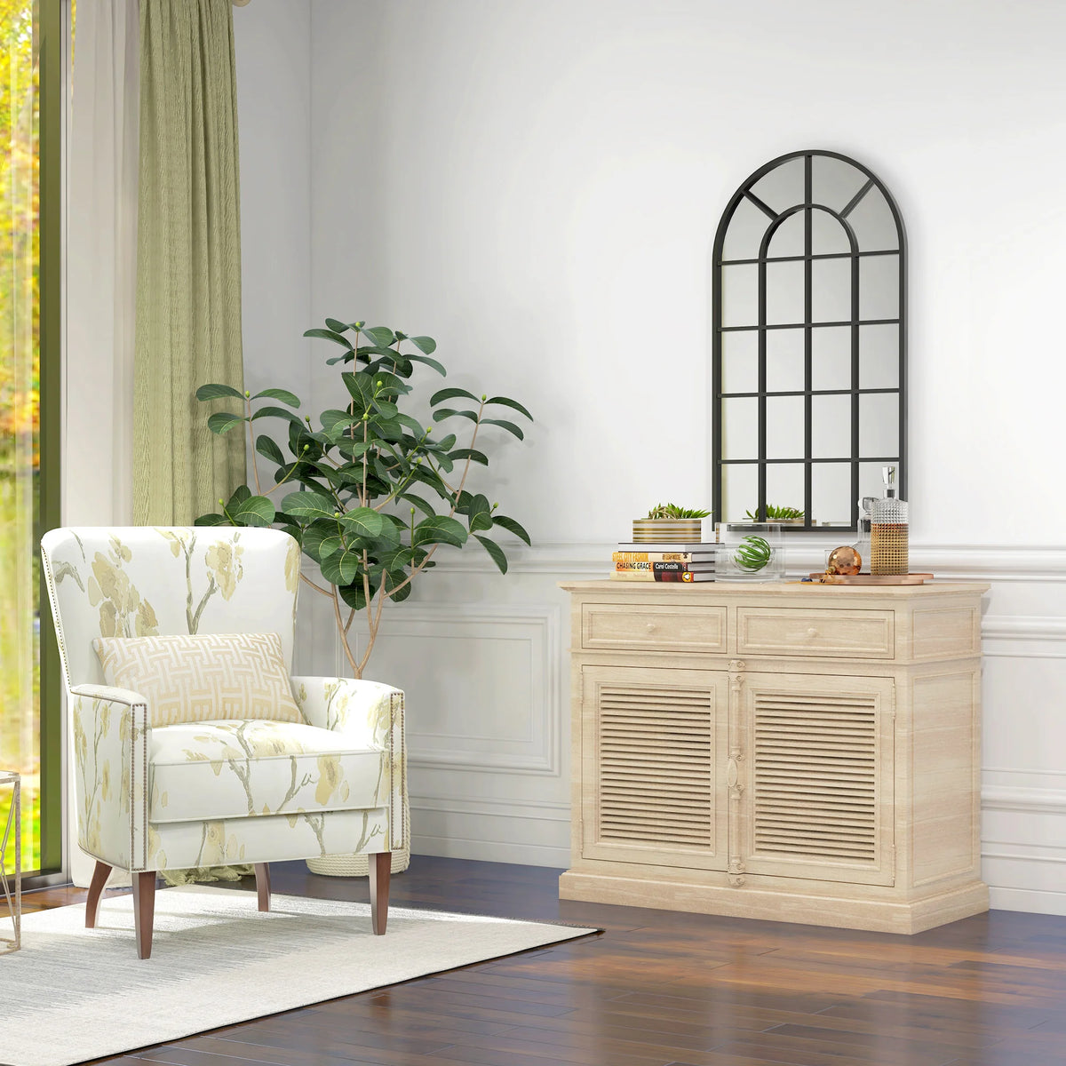 Arch Window Wall Mirror 110x62cm with 22 Panel Segments Shatterproof Thick Glass Screws Included Black
