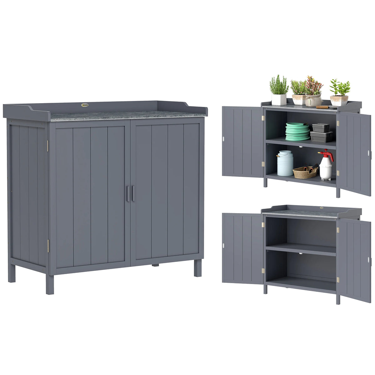 Wooden Potting Bench with Storage Cabinet and Galvanised Top, Grey