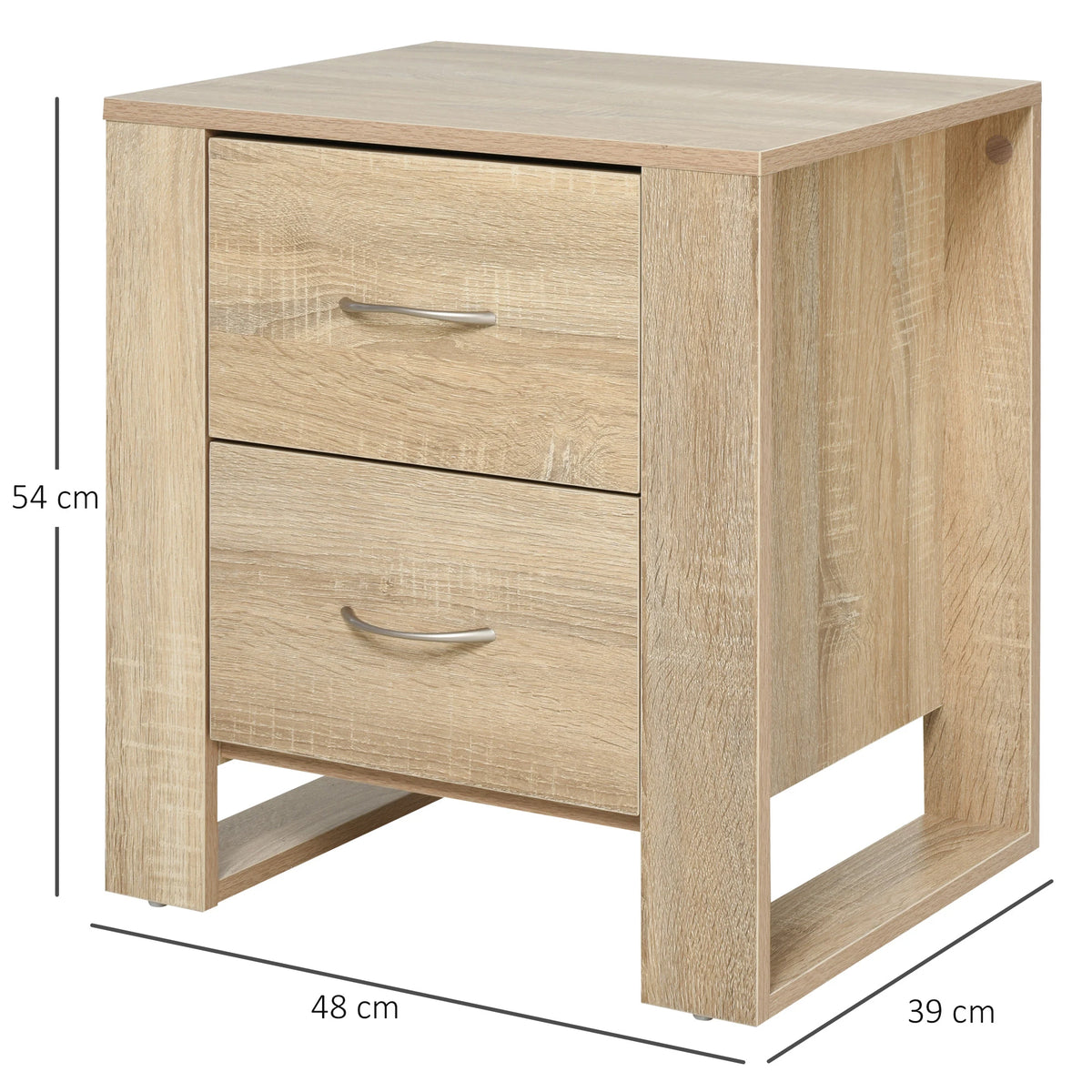 2 Drawer Boxy Bedside Table w/ Handles, Elevated Base, Oak Brown