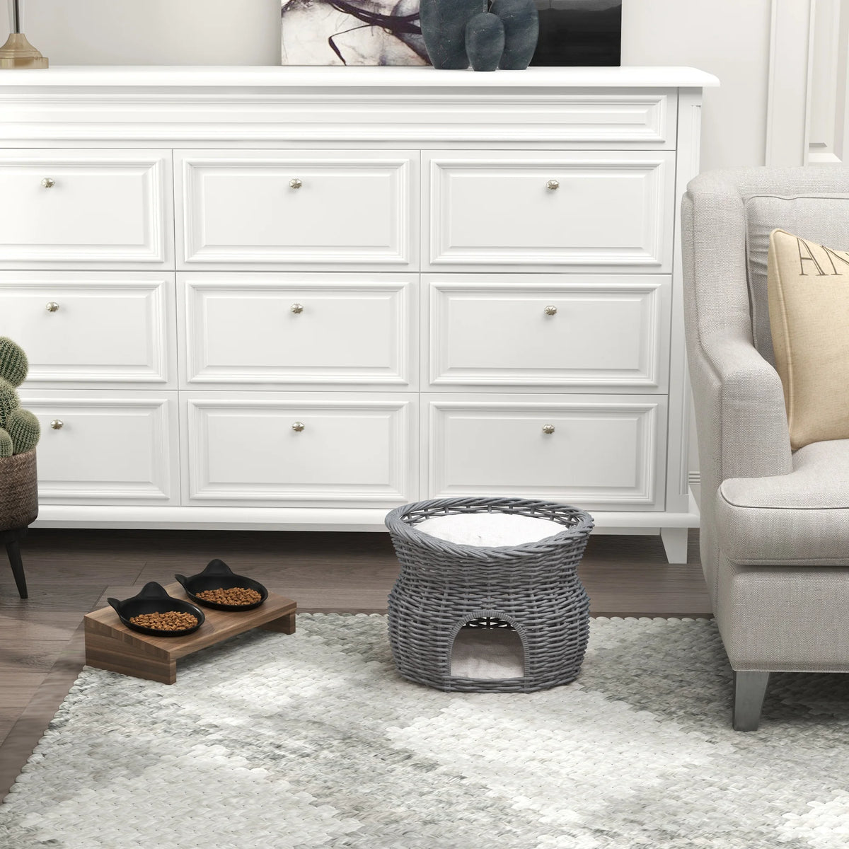 2 Tier Elevated Wicker Cat House with Cushion Willow Basket Condo Open Lounging Bed and Wide Entrance