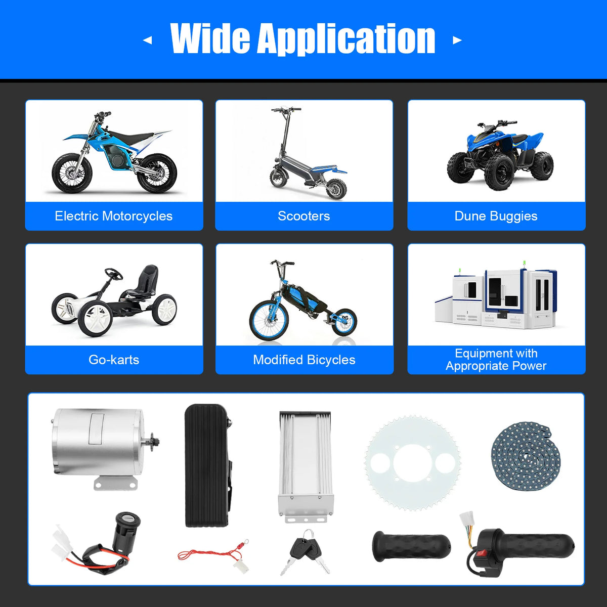 3kW Brushless DC Motor Kit 48–72V with Controller, Foot Pedal Throttle and Forward/Reverse Switch, IP33