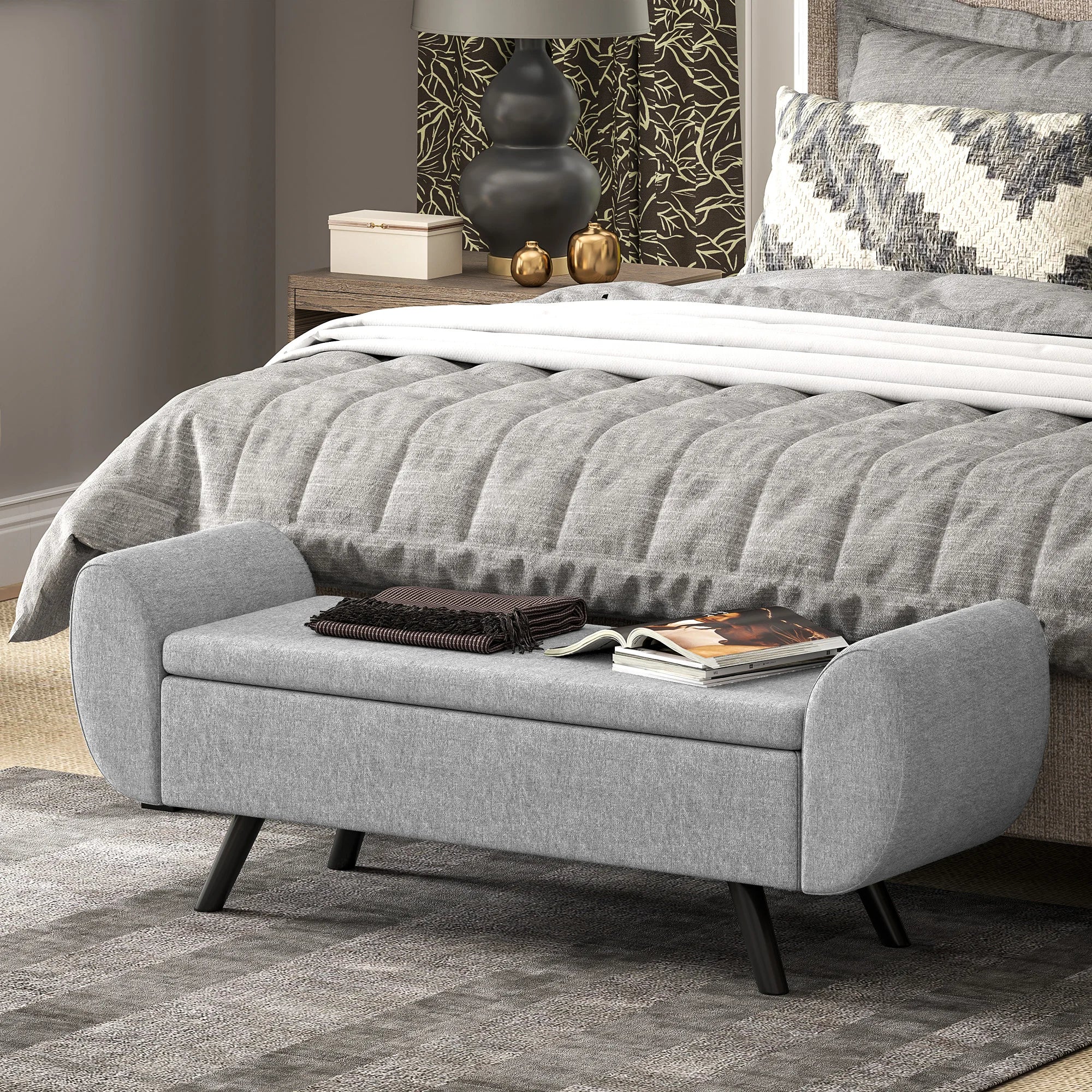 Large Linen Storage Ottoman Bench with Armrests and Lift-Top | 53.8L Storage Footstool Bed End Bench