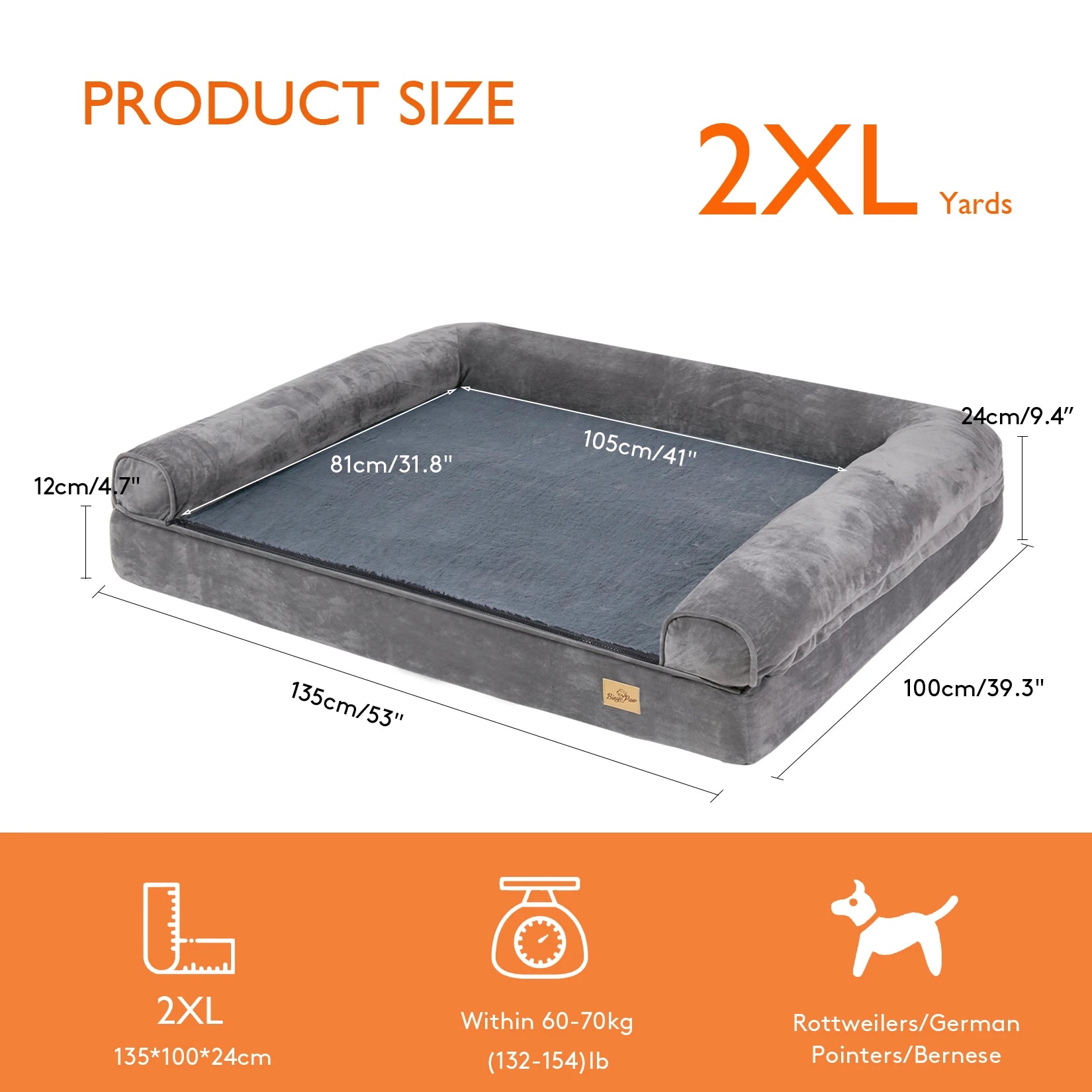 Extra Large Sofa Style Dog Bed with Bolster M-2XL Sizes Waterproof Cover Sponge Foam Base for Big Dogs