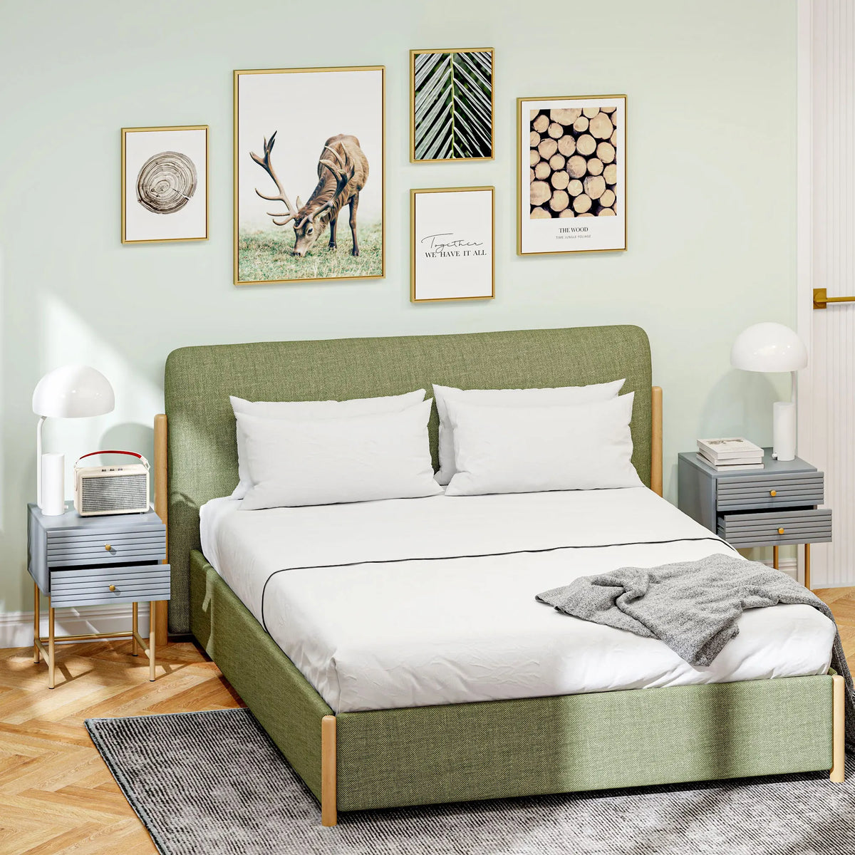 Bedside Tables Set of 2 with 2 Drawers and Gold-Tone Legs, Grey