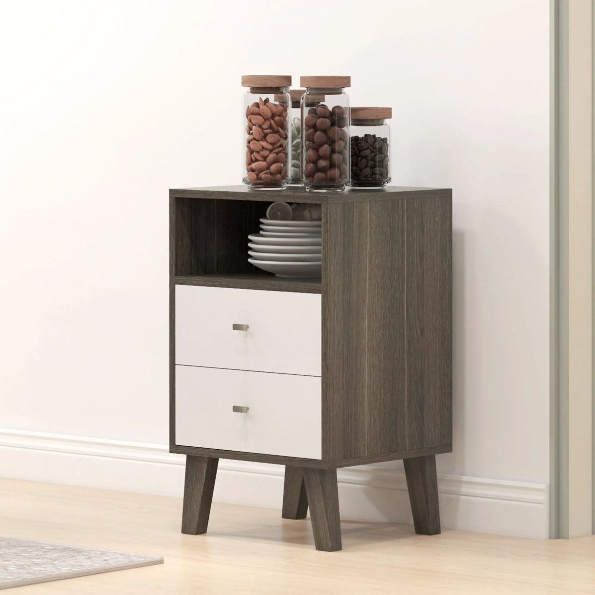 Bedside Tables Set of 2 with 2 Drawers and Open Shelf, White and Grey