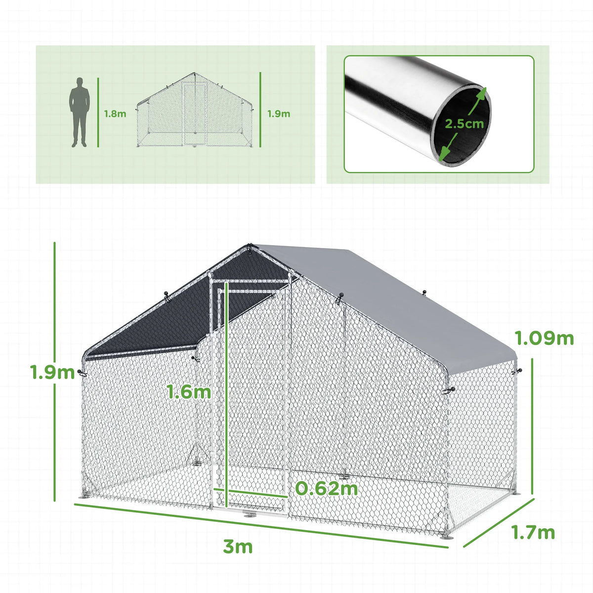 Walk-In Galvanised Steel Chicken Run with Cover and Lockable Door, 3 x 1.7 x 1.9m