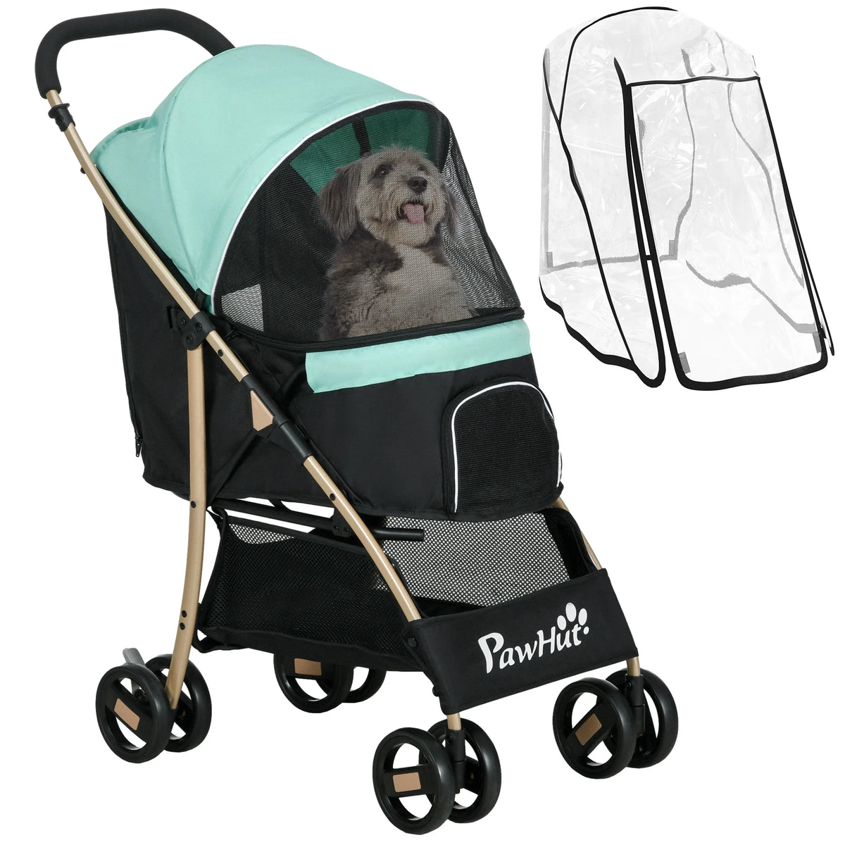 Army green pet stroller shown from the side