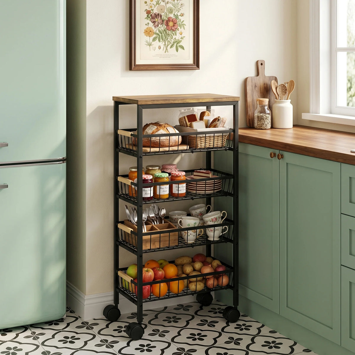 Slim 4-Tier Storage Trolley with Pull-Out Baskets, Rustic Brown