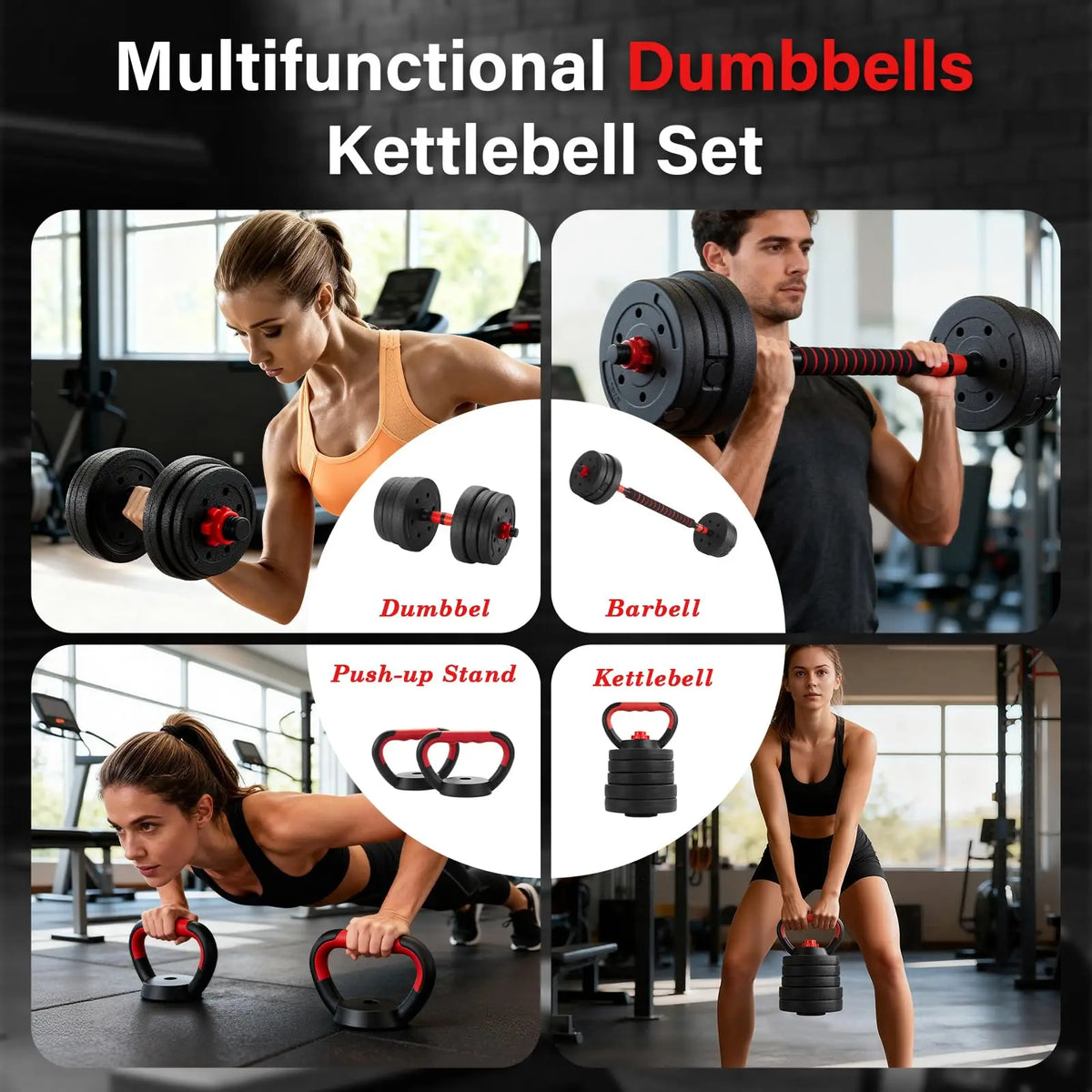 6 in 1 Adjustable Dumbbell Set 15kg 20kg 30kg Converts to Barbell Kettlebell and Push Up Rack Home Gym