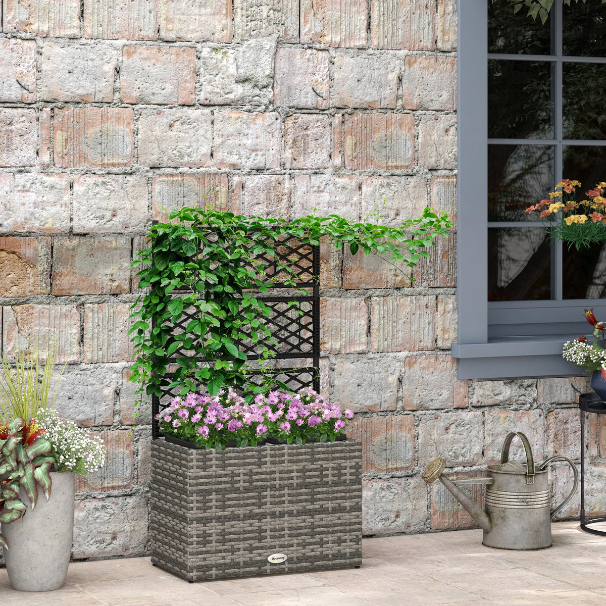 22L Garden PE Rattan Planter with Trellis, Free-Standing Flower Raised Bed with Two Plant Boxes