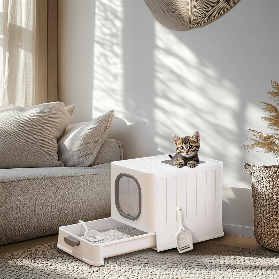 Enclosed Cat Litter Box with Drawer 48.3x35.8x38.8cm Front Top Doors Acrylic Window Lid Scoop White Grey