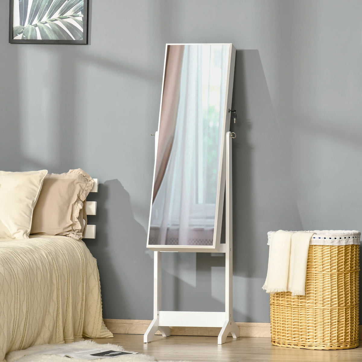 Lockable Jewellery Cabinet with Full-Length Mirror, White