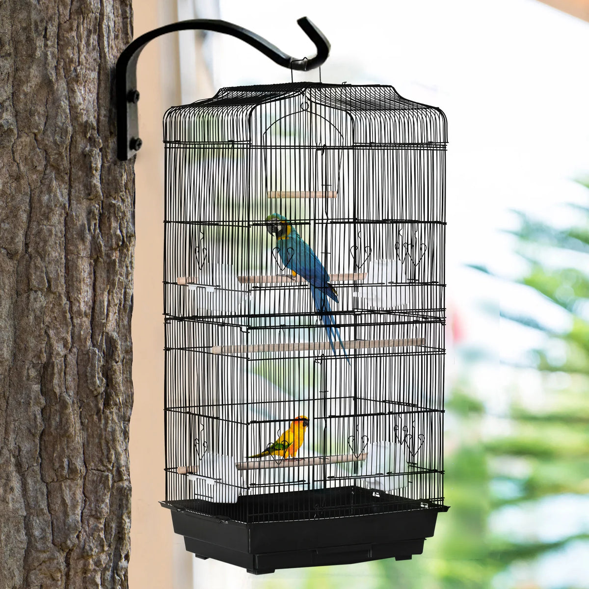 92cm Metal Bird Cage with Perches, Food Bowls and Swing, Black