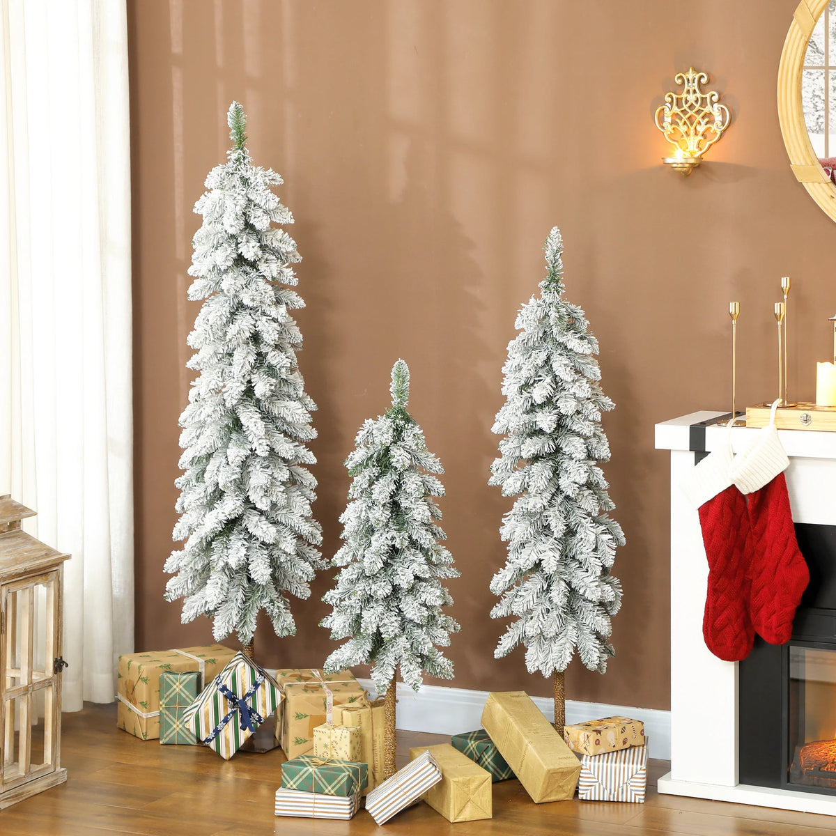 Set of 3 Flocked Pencil Christmas Trees, 3ft, 4ft and 5ft, with Steel Bases