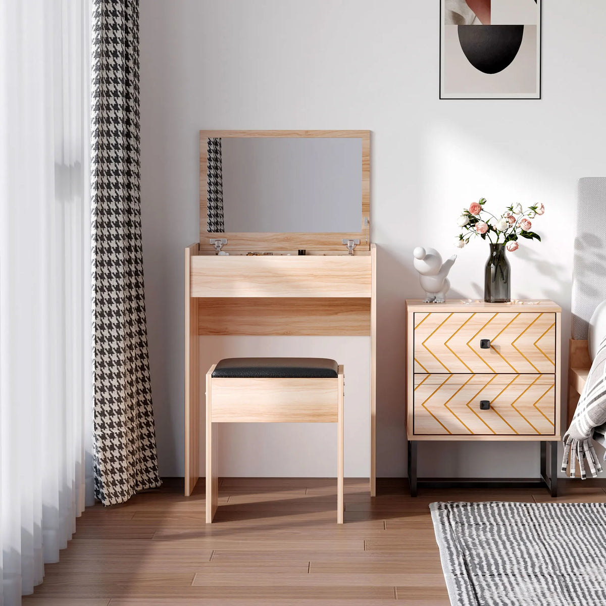 Dressing Table Set with Flip-Up Mirror and Padded Stool