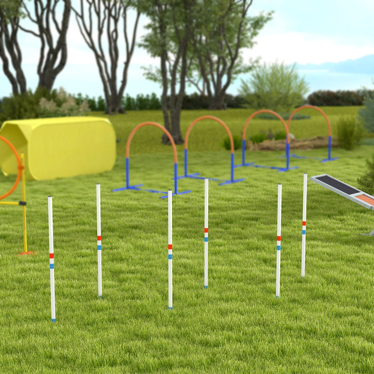Dog Agility Weave Pole Set 6 Poles with Carry Bag Adjustable Straight or Offset Training Kit 305cm